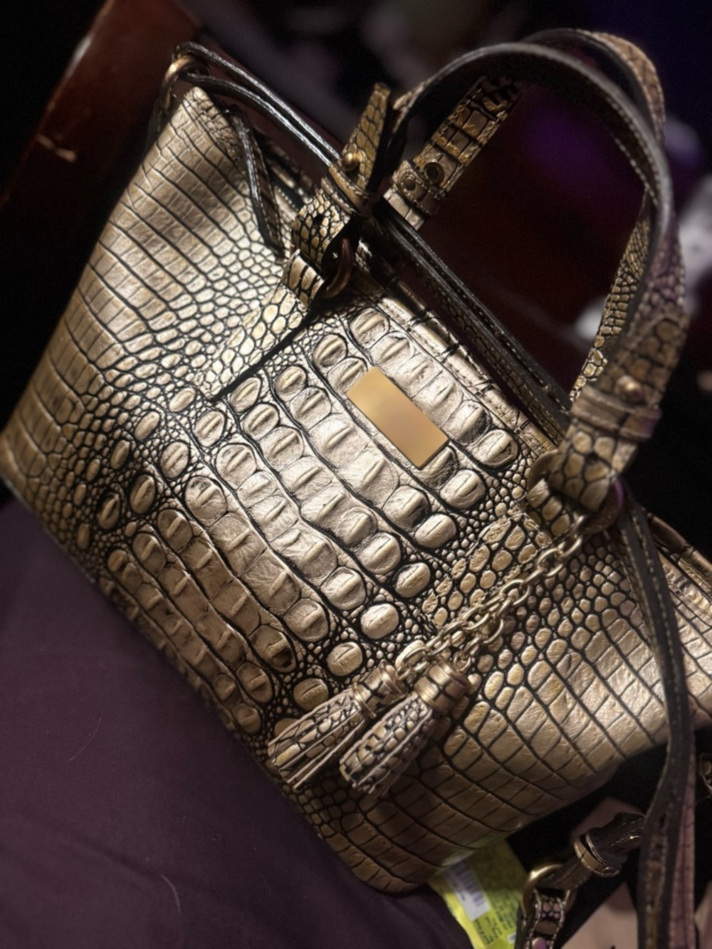 Brahmin Metallic Gold Croc-Embossed Satchel